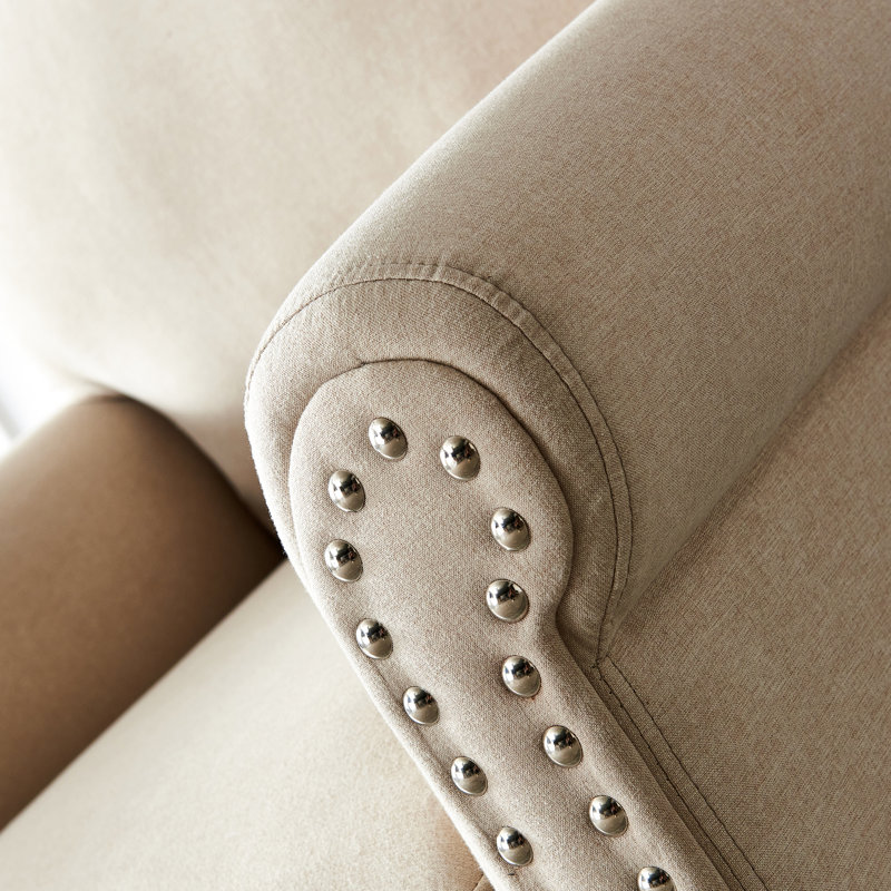Chaise de salon confortable en tissu beige et bois à assise haute en mousse haute densité avec pieds