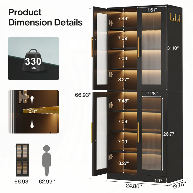 Armoire de rangement de 67 po de hauteur avec portes, DEL et 8 tablettes réglables pour le salon, le bureau et la chambre à coucher
