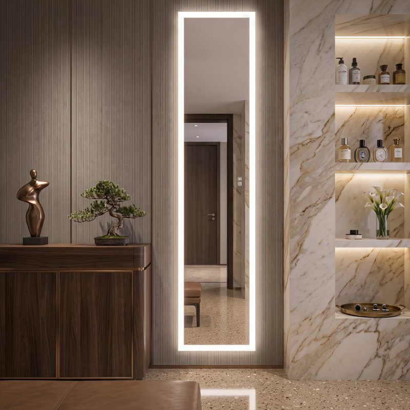 Armoire à pharmacie à miroir pleine longueur de 16 po x H 70 po à DEL avec capteur tactile, éclairage réglable, prise et USB, 5 tablettes, montage en surface ou encastré