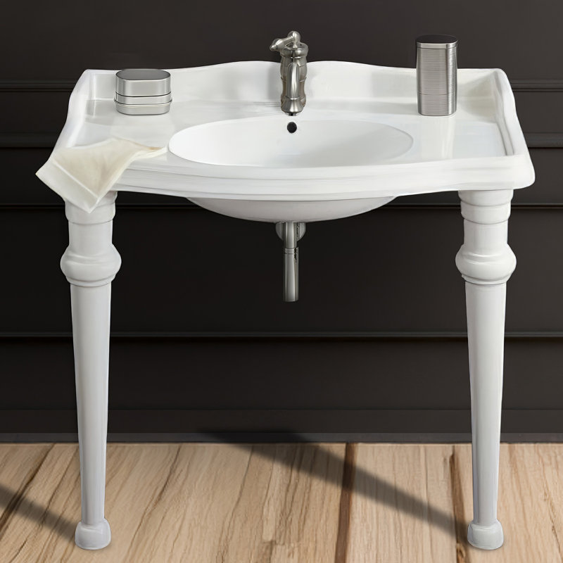 Whitehaus Collection 40" Rectangular Console Sink With Integrated Oval Bowl, Backsplash, Ceramic Leg Support And Overflow