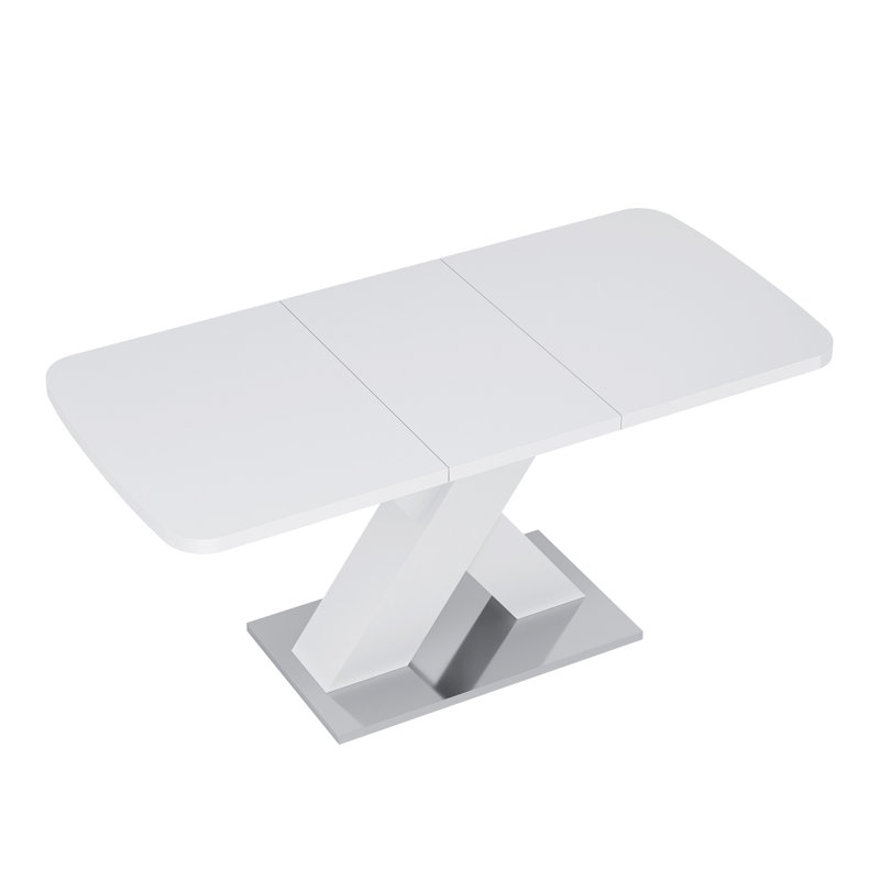 Modern Square Dining Table, Stretchable, White Table Top+MDF X-Shape Table Leg With Metal Base, White