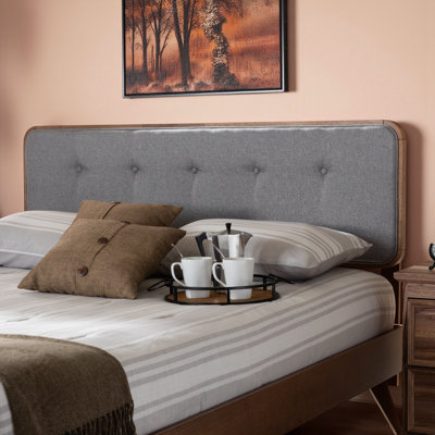 Brown Mid-Century Modern Walnut Brown Finished Wood Headboard with Fabric Upholstery by Lark Manor
