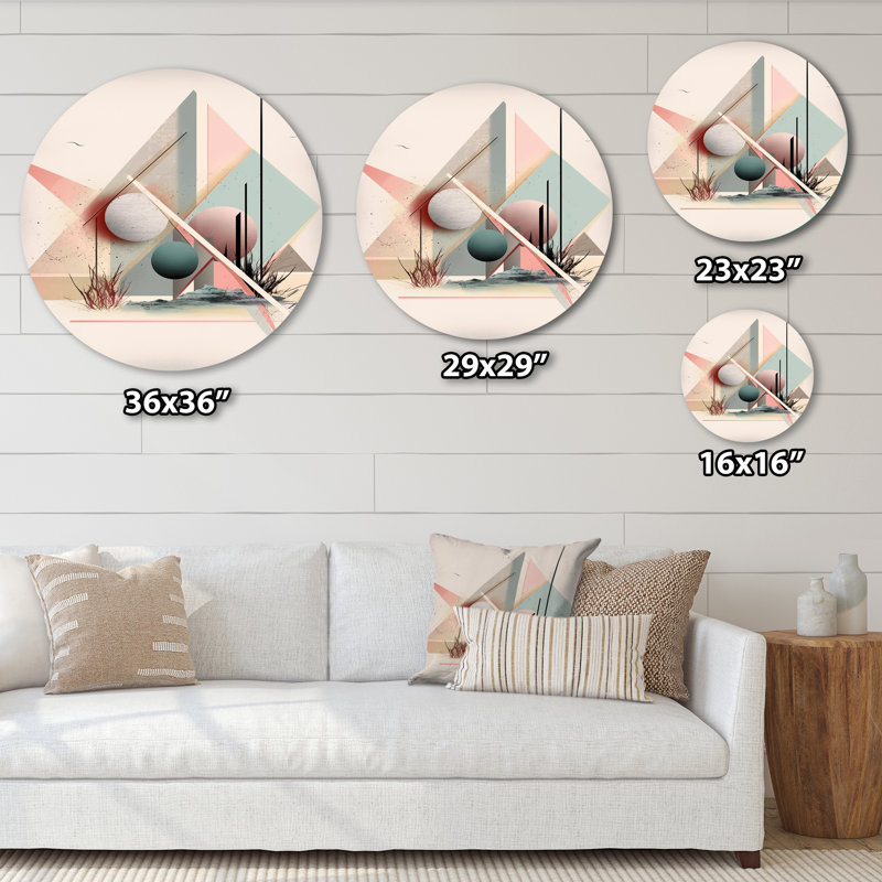Mid Century Pastel Mountains II - abstrait géométrique, art mural rond sur métal, H 16 po x l 16 po x P 1 po