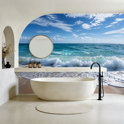 Papier peint auto-adhésif Ocean Waves Crashing Sandy Shore Turquoise Water Soft Cloudy Sky Wall Murals H 100 po x l 144 po Papier mural amovible en PVC auto-adhésif pour le salon de la chambre Bureau à domicile