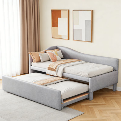 Twin Upholstered Daybed with Backrest and Twin Pop Up Trundle