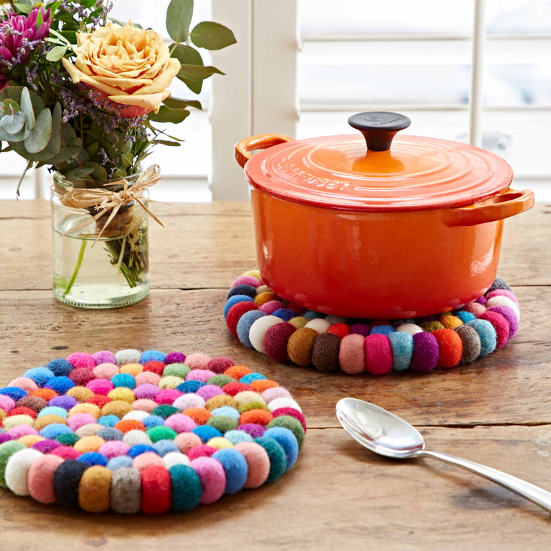 Handmade Felt Ball Trivet , Blue/Pink/Yellow