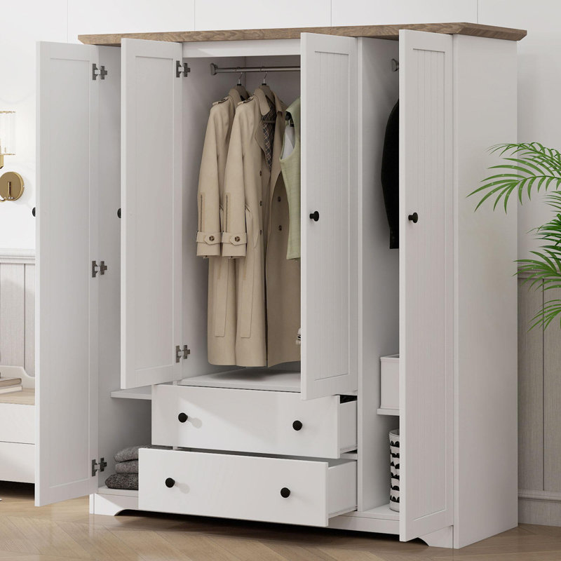 Armoire penderie 4 portes avec 2 tiroirs, Blanc