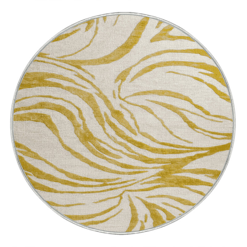 Machine Washable Abstract Beige Area Rug, Round 4'