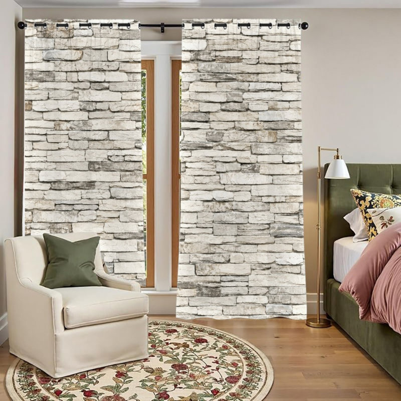 2 PCS avec œillets superposés et imitation pierre à texture de mur, rideaux obscurcissant et isolant avec réduction de bruit et protection de la vie privée
