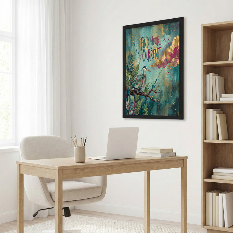 Héron bleu sur branche avec feuilles tropicales et feuille d'or, art mural, H 36 po x l 48 po