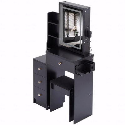 29.2" Small Size Left Bedside Cabinet Vanity Table + Cushioned Stool, 2 Ac+2 Usb Power Station, Hair Dryer Bracket, Extra Large Touch Control Sliding Led Mirror, Tri-Color Switching, Brightness Adjust