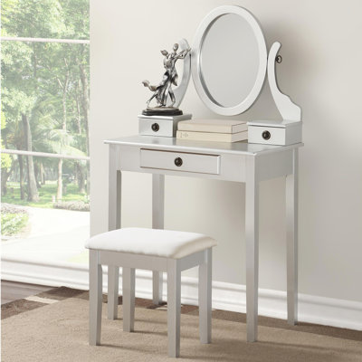 Coiffeuse et tabouret argentés - matériau en bois, 3 tiroirs de rangement, tabouret de maquillage à miroir réglable, rangement de tiroir, beauté