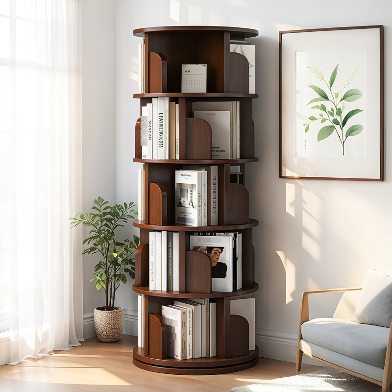 Bibliothèque 360 ° rotative à 5 niveaux pour les petits espaces dans la chambre à coucher, le salon, la maison - noyer, et la maison ronde rotative multifonctionnelle, économisant de l'espace