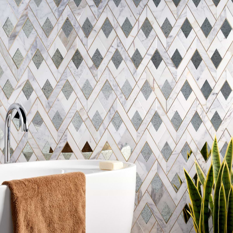 Zeta Polished Marble, Antique Mirror And Brass Waterjet Mosaic Tile, Mirror Silver