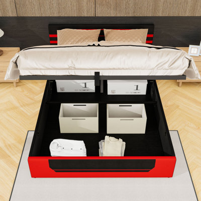 Grand lit plateforme avec rangement relevable hydraulique et tête de lit rembourrée
