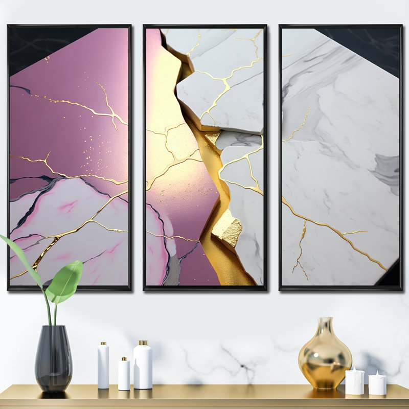 «Abstract Geode Pink III», reproduction sur toile flottante 3 pièces, Noir, H 28 po x l 36 po x P 1 po