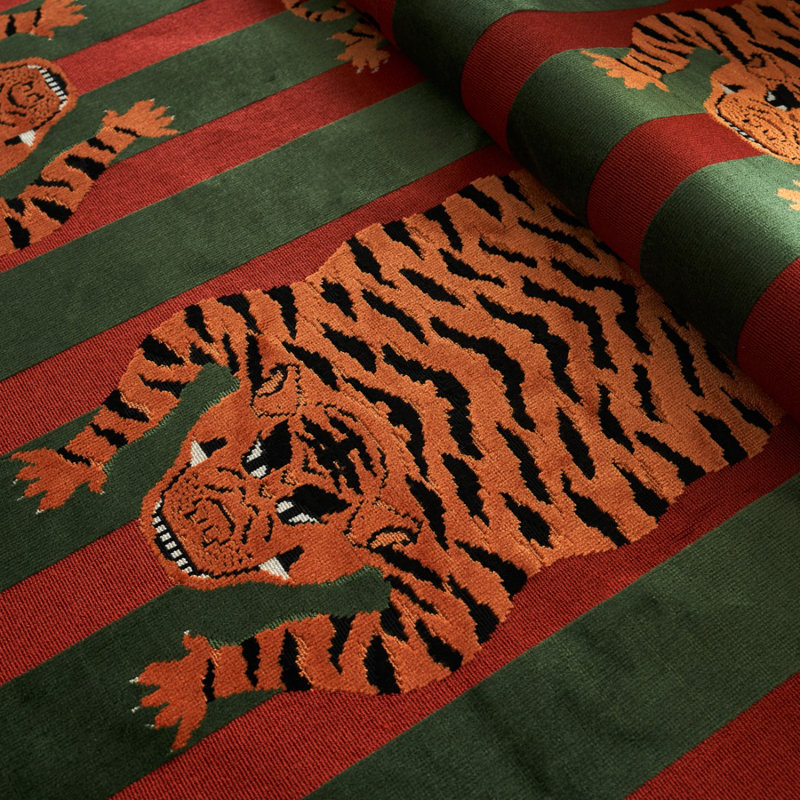 Schumacher x Johnson Hartig Jokhang Tiger Velvet Fabric, Green/Red