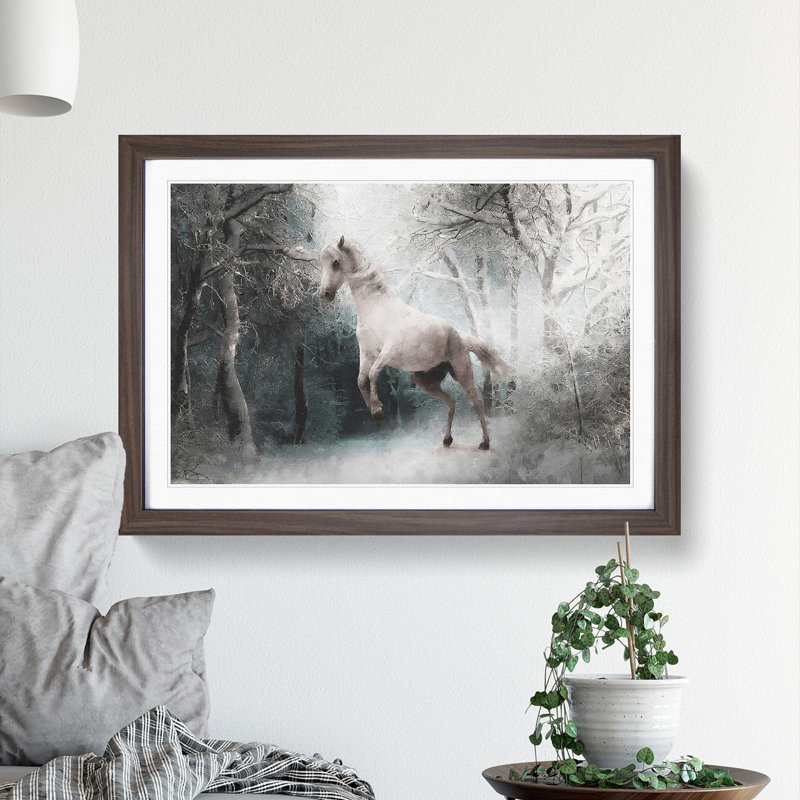 White Horse Rearing in a Winter Forest - Picture Frame Painting Print, 24cm H x 33cm W x 2cm D, Walnut Framed