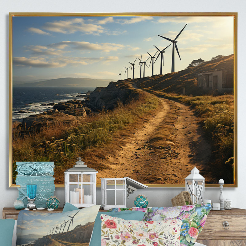 Wind Turbines Coastal Propeller I, reproduction d'art sur toile, H 12 po x l 20 po x P 1 po, Cadre flottant doré