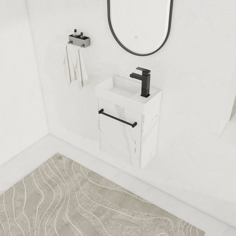 Meuble-lavabo simple mural 16 po avec comptoir en céramique 16 po, Blanc de Carrare