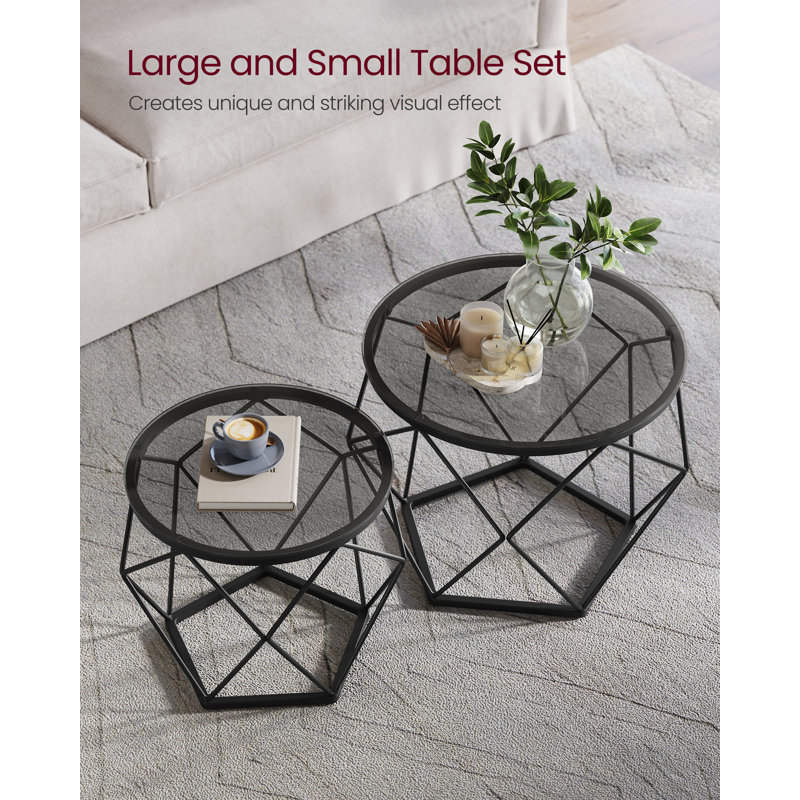 Round Coffee Tables For Living Room, Set Of 2 Side Tables, Different Sized, Modern Style, Removable Tabletop, Steel Frame, Slate Grey And Ink Black