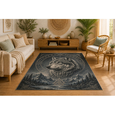 Tapis loup nordique 5 pi x 7 pi «Ultra Léger», tapis d'intérieur doux à poils courts avec envers antidérapant en silicone, tapis décoratif pour le salon, la chambre à coucher, la salle à manger, le bureau, la conception Runic Mountain