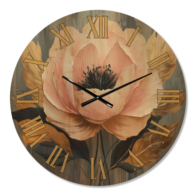 Pivoines Feuille d'Or II - Horloge murale décorative glamour, imprimée sur bois, Médium