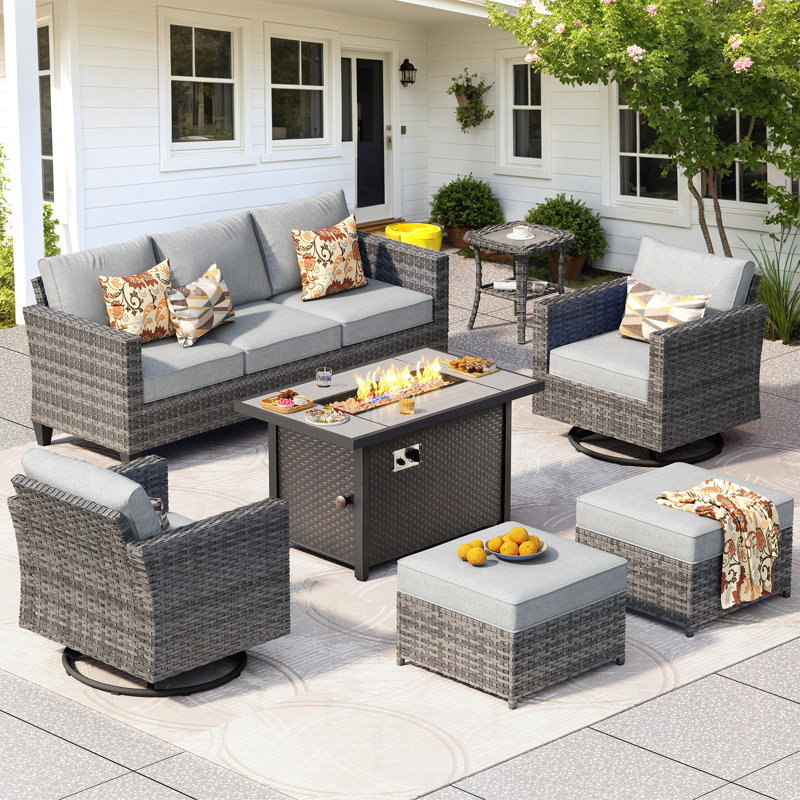 7- Person Patio Furniture Set With Swivel Rocker, Outdoor Wicker Rattan Seating Group With Cushions, All Weather Sofa Conversation Set With Fire Pit Table For Garden Backyard