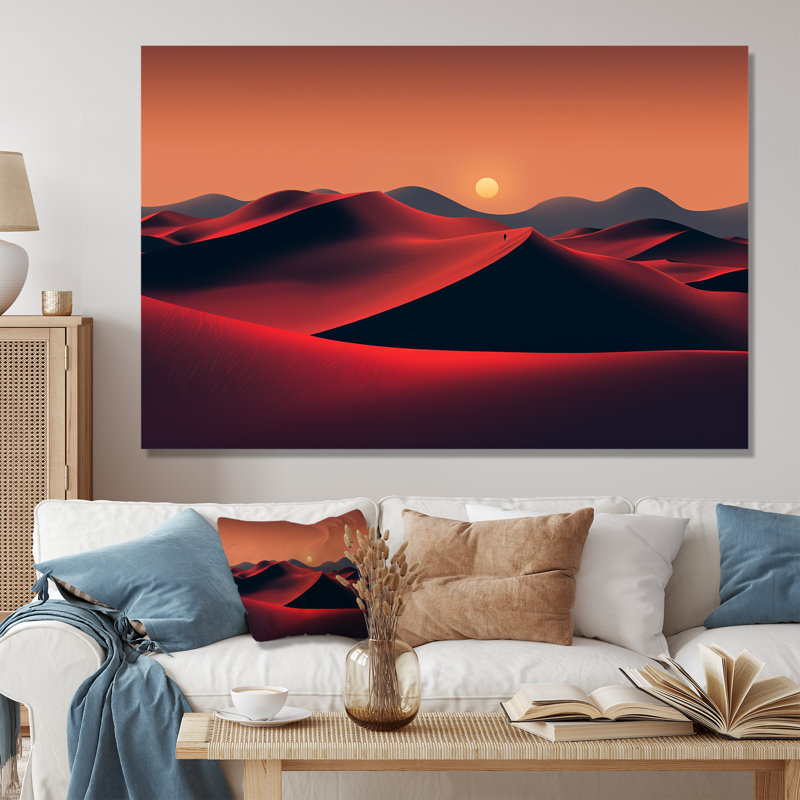 Noir et rouge, désert, lever de soleil, photo IV - désert, art mural, Cadre flottant doré, H 16 po x l 32 po x P 1 po