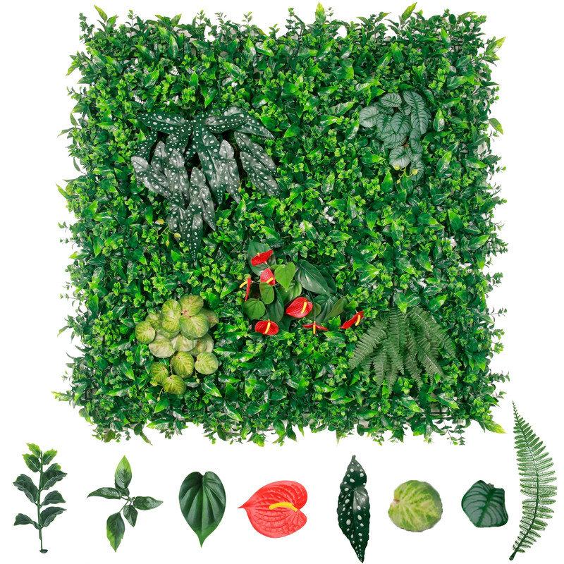 Paquet de 3 écrans muraux de verdure artificielle de 39,4 po x 39,4 po, panneau de 8 plantes mélangées pour l'intérieur et l'extérieur