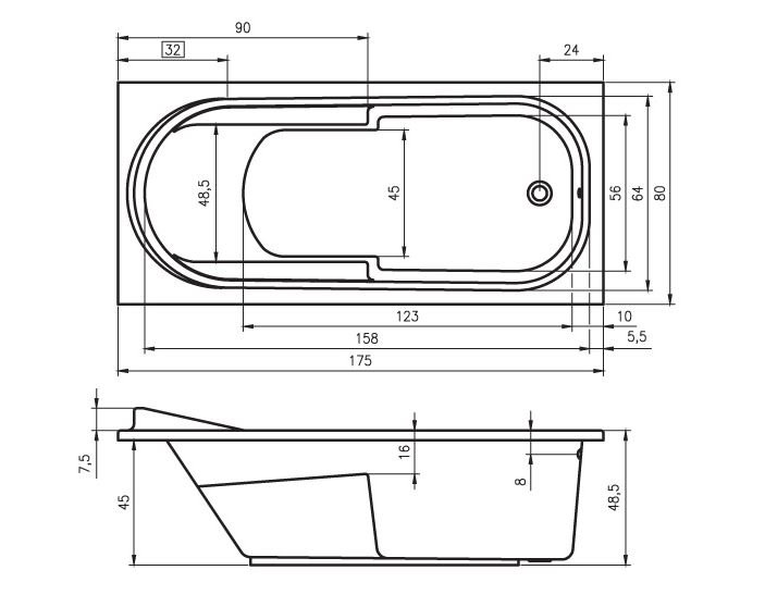 x Soaking Acrylic Bathtub, 75cm H x 185cm L x 90cm D