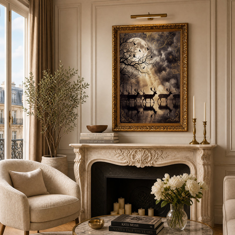 Art mural en bronze, silhouette de cerf marchant dans le lac au clair de lune, H 24 po x l 16 po