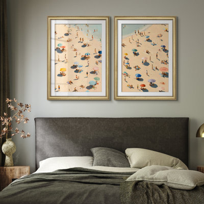 Ensoleillé, plage ensoleillée, parasol coloré, scène côtière, ensemble d'art mural encadré 26 po x 36 po