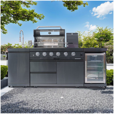 Îlot de barbecue 46 pouces à 4 brûleurs de 72 000 BTU de luxe avec cuisinière à gaz en acier inoxydable pour barbecue et réfrigérateur à vin compact + ensemble de rôtisserie + comptoirs en granite + évier en acier inoxydable