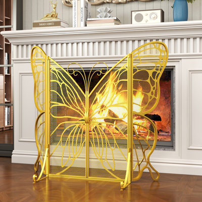 52”W Iron Butterfly Fire Screen with Door, 3 Panel Fireplaces Decorative Mesh Spark Barrier