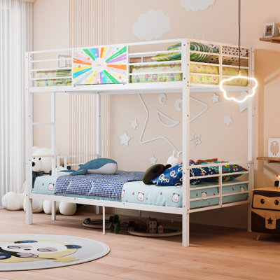 Lit superposé simple au-dessus d'un lit simple en métal pour adultes et enfants, cadre de lit superposé robuste avec échelle rembourrée pour garde-corps pleine grandeur, sans sommier tapissier, blanc