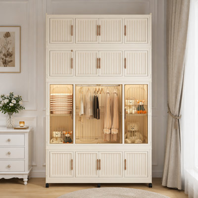 Portable Wardrobe Closet Storage Organizer for Clothes,Clothes Dresser,17 Magnetic Doors-17 Cubes & 1 Hanging Rod,6 pcs hangers , Baby Wardrobe Storage Cabinet,White