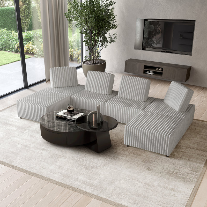 Ensemble de 6 chaises modulaires en velours gris clair, coin et repose-pieds, Velours gris clair