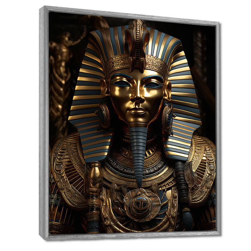 Égypte, pharaon doré sur toile, H 20 po x l 12 po x P 1 po, Encadrement argenté