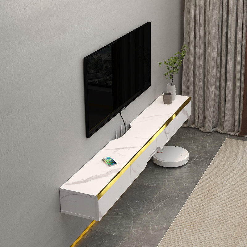 Meuble télé blanc flottant pour téléviseur de 55 po, tablette murale en bois avec rangement pour porte et décor doré