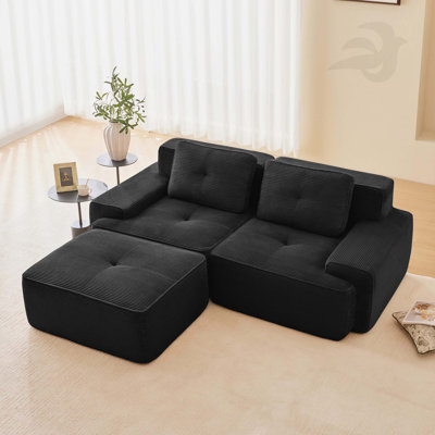 Canapé modulaire en forme de L de 117 pouces en velours côtelé vert, siège 3 places avec repose-pieds profond et repose-pieds mobile, conception capitonnée, pas d'assemblage requis, structure antidérapante