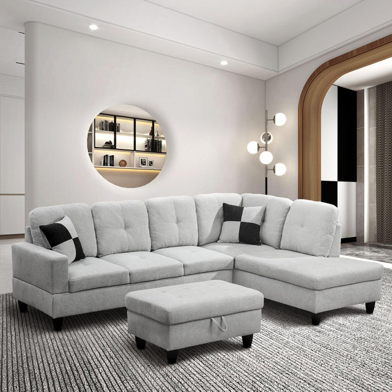 Canapé modulaire en flanelle 3 pièces, Gris, Orienté à droite