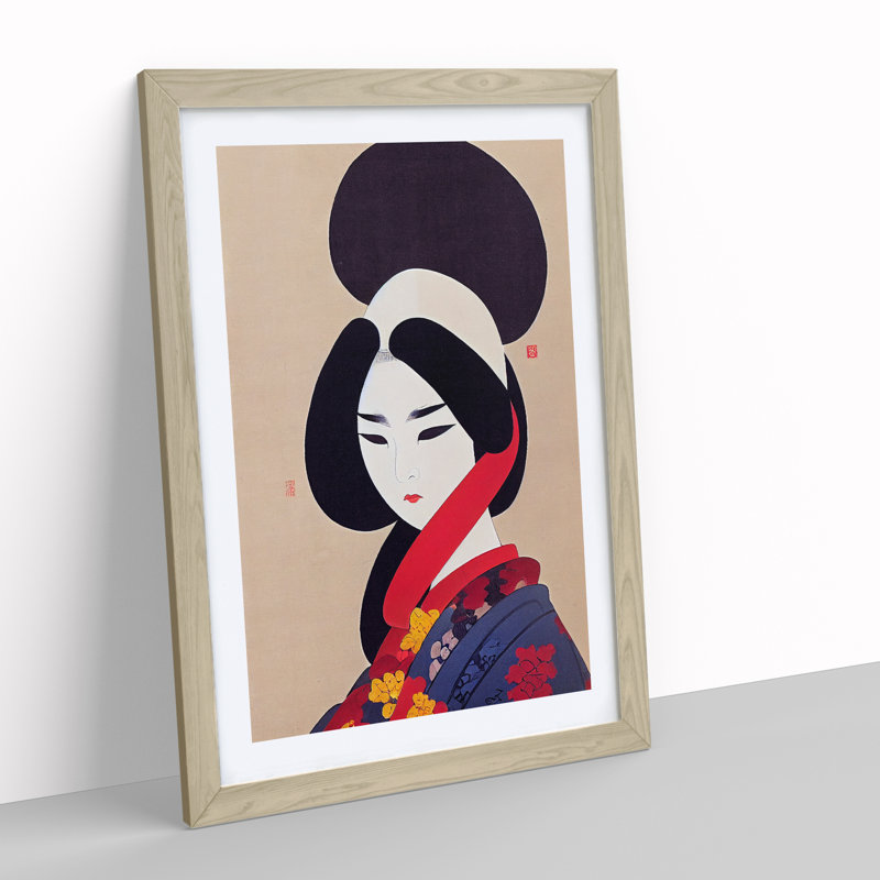 Charming Geisha - Wall Art, 66cm H x 48cm W x 2cm D, Oak Framed, White