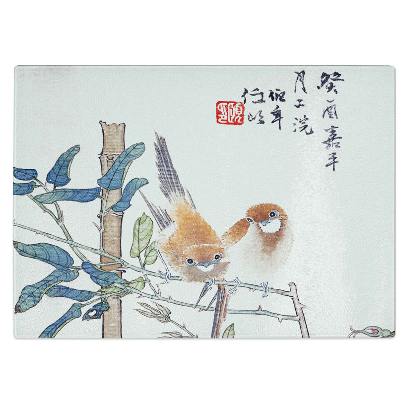 Tempered Glass Two Birds upon a Rose Bush by Ren Yi Chopping Board, 28.5 cm W x 20 cm L
