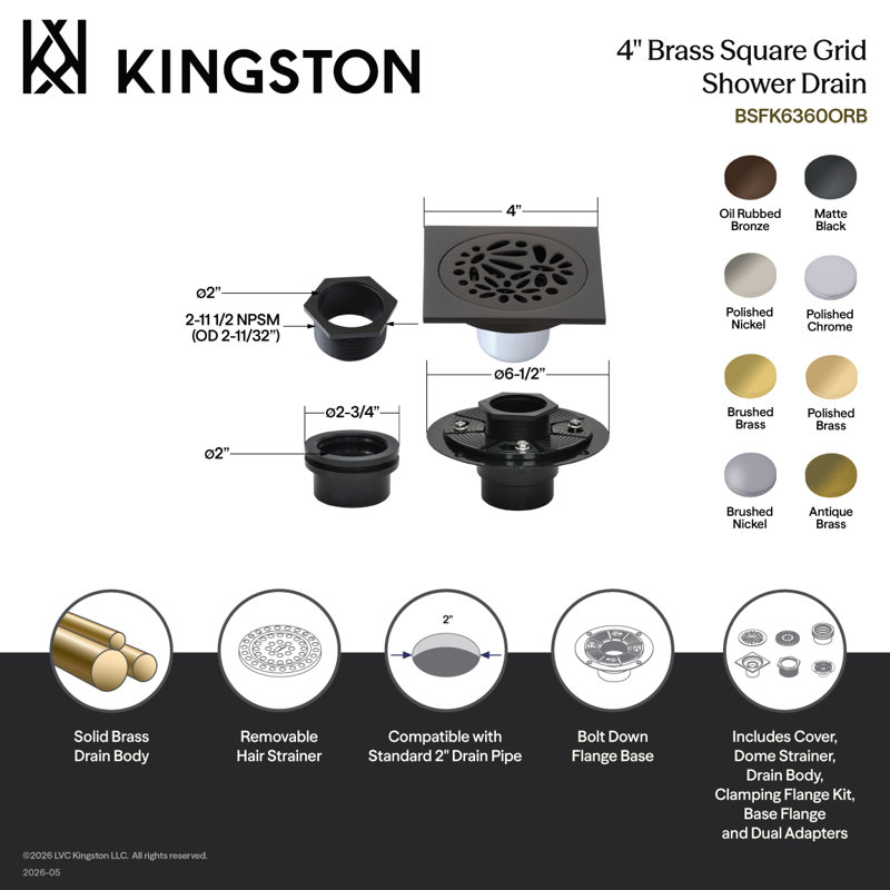 Kingston Brass BSFK6360 Watercourse 4" Square Brass Shower Drain, Chrome poli