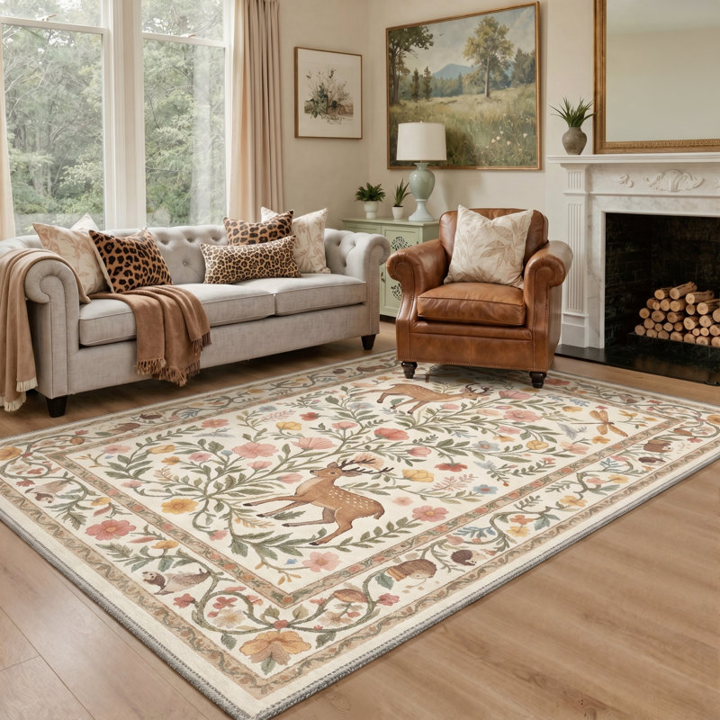 Fawnwood Floral Machine Washable Beige / Green Indoor Area Rug with Non-Slip Backing, Rectangle 9' x 12'