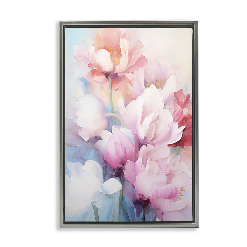 «Soft Tulip Blossoms» par Gina Kelly, H 25 po x l 17 po, Cadre flottant gris lustré