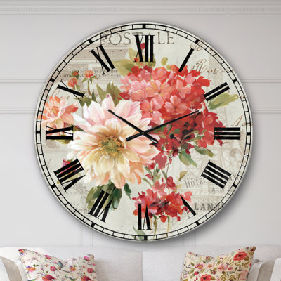 Red Painted Flowers on Vintage Postcard I - Traditional wall clock