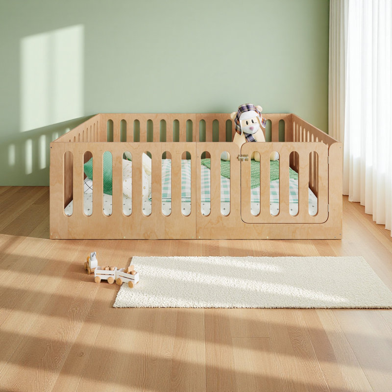 Floor Bed With High Fence For Kids, Solid Wood Kids Montessori Bed With Door, Low-Profile And No Box Spring Needed Design