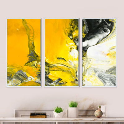 Acrylique marbré blanc et jaune avec un nuage de noir - ensemble de 3 reproductions sur toile flottantes